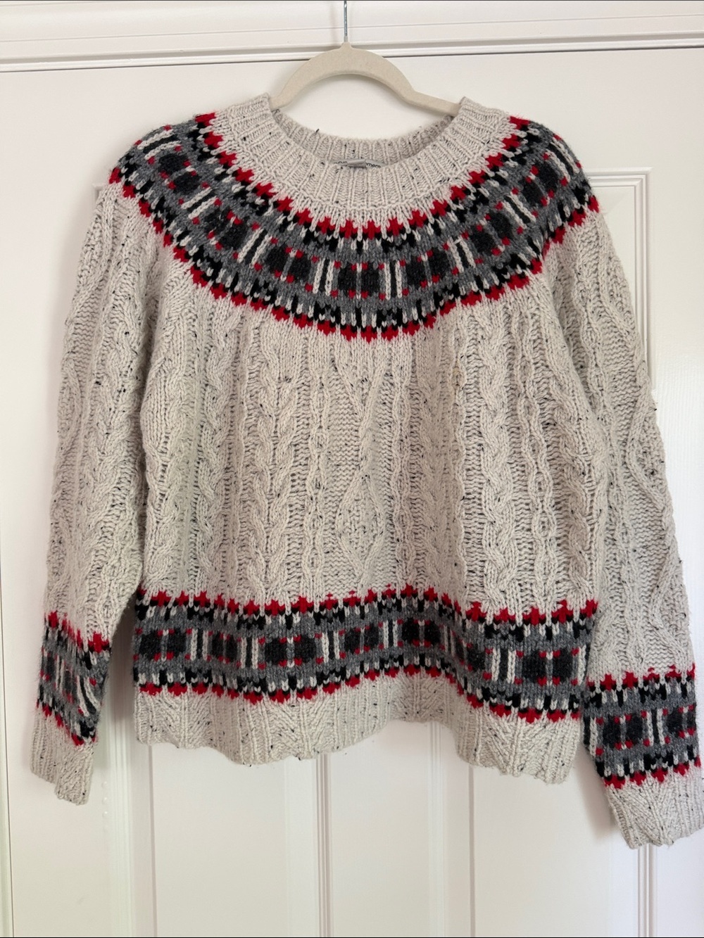 Autumn Cashmere Cream Cable Knit Crewneck Sweater with Red & Black Fair Isle